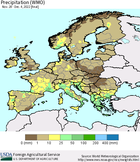 Europe Precipitation (WMO) Thematic Map For 11/28/2022 - 12/4/2022
