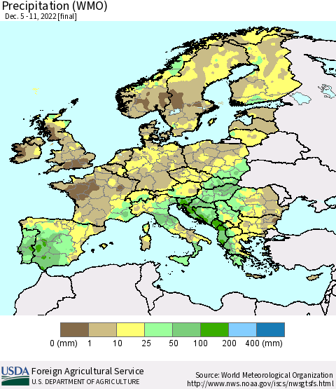 Europe Precipitation (WMO) Thematic Map For 12/5/2022 - 12/11/2022