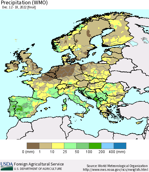 Europe Precipitation (WMO) Thematic Map For 12/12/2022 - 12/18/2022