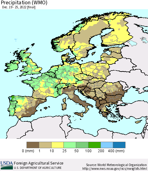 Europe Precipitation (WMO) Thematic Map For 12/19/2022 - 12/25/2022