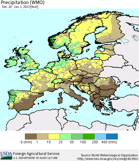 Europe Precipitation (WMO) Thematic Map For 12/26/2022 - 1/1/2023