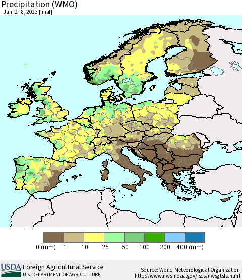 Europe Precipitation (WMO) Thematic Map For 1/2/2023 - 1/8/2023