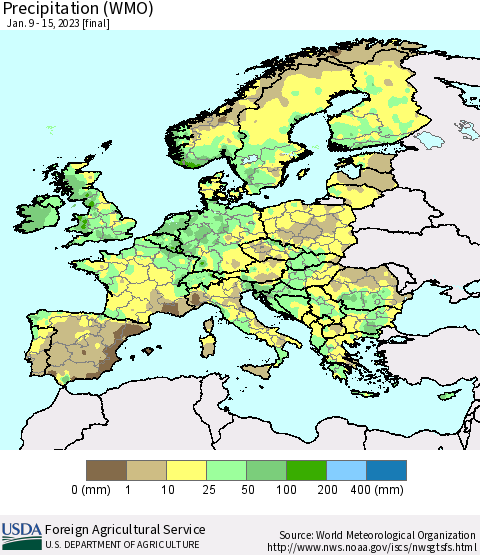 Europe Precipitation (WMO) Thematic Map For 1/9/2023 - 1/15/2023