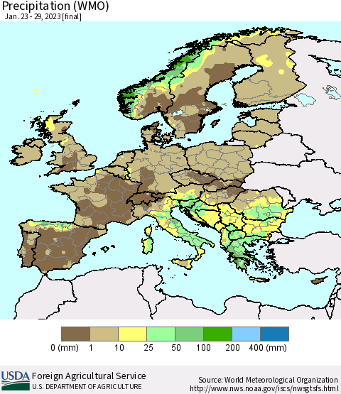 Europe Precipitation (WMO) Thematic Map For 1/23/2023 - 1/29/2023