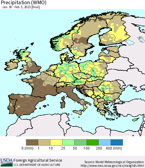 Europe Precipitation (WMO) Thematic Map For 1/30/2023 - 2/5/2023