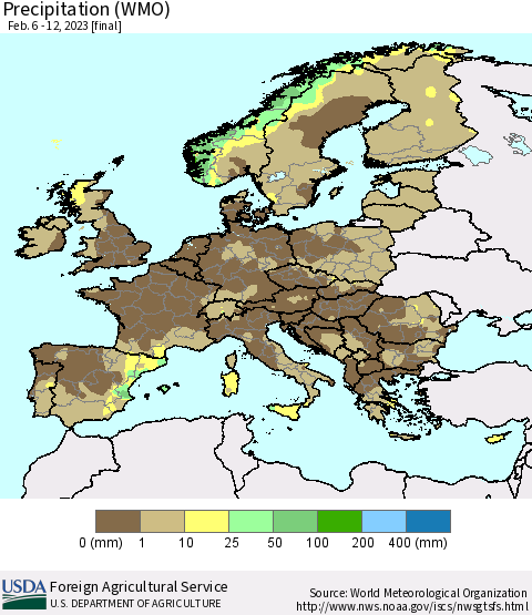 Europe Precipitation (WMO) Thematic Map For 2/6/2023 - 2/12/2023