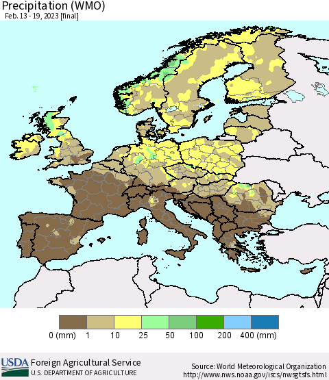 Europe Precipitation (WMO) Thematic Map For 2/13/2023 - 2/19/2023