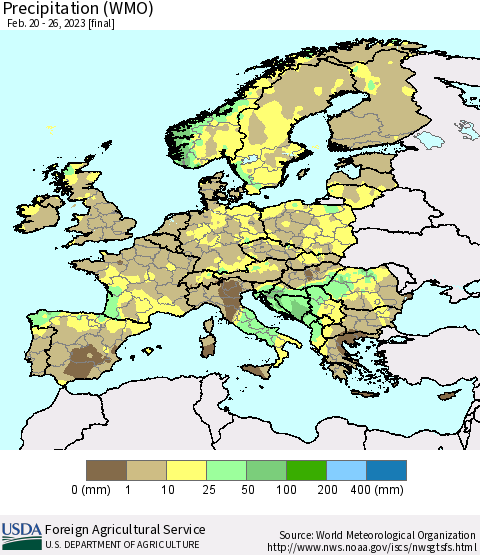 Europe Precipitation (WMO) Thematic Map For 2/20/2023 - 2/26/2023
