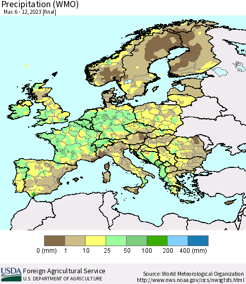 Europe Precipitation (WMO) Thematic Map For 3/6/2023 - 3/12/2023