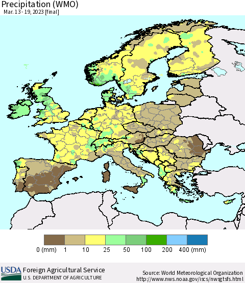Europe Precipitation (WMO) Thematic Map For 3/13/2023 - 3/19/2023