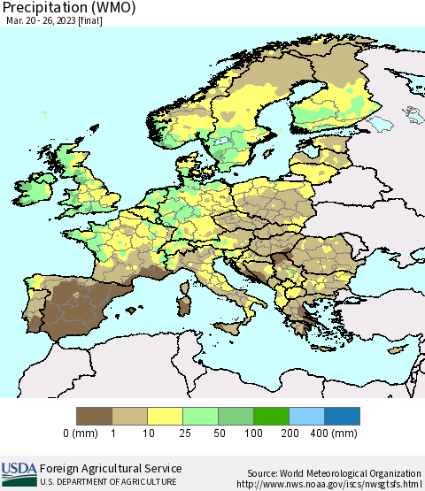 Europe Precipitation (WMO) Thematic Map For 3/20/2023 - 3/26/2023