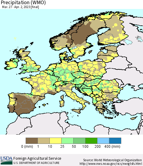 Europe Precipitation (WMO) Thematic Map For 3/27/2023 - 4/2/2023