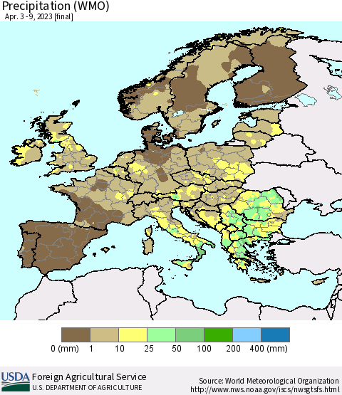 Europe Precipitation (WMO) Thematic Map For 4/3/2023 - 4/9/2023