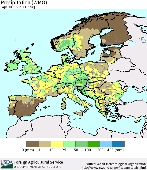 Europe Precipitation (WMO) Thematic Map For 4/10/2023 - 4/16/2023