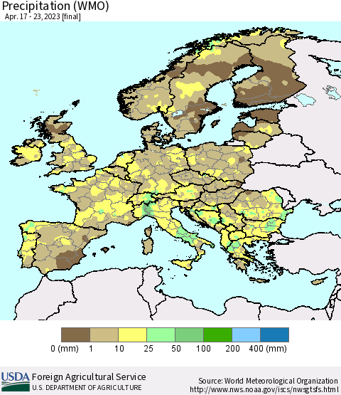 Europe Precipitation (WMO) Thematic Map For 4/17/2023 - 4/23/2023
