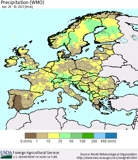 Europe Precipitation (WMO) Thematic Map For 4/24/2023 - 4/30/2023