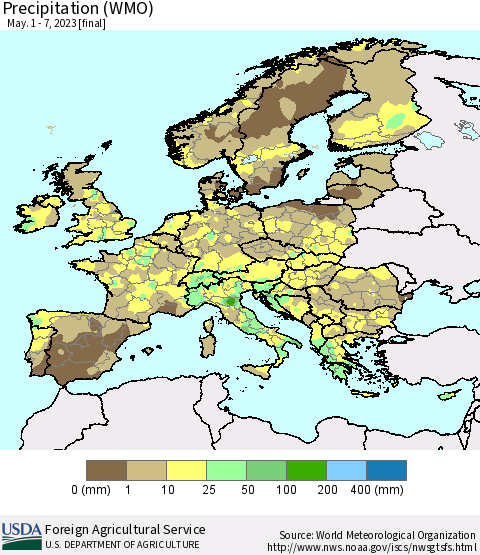 Europe Precipitation (WMO) Thematic Map For 5/1/2023 - 5/7/2023