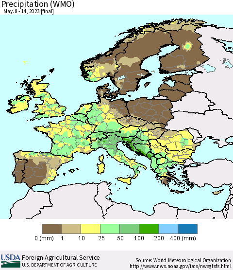 Europe Precipitation (WMO) Thematic Map For 5/8/2023 - 5/14/2023