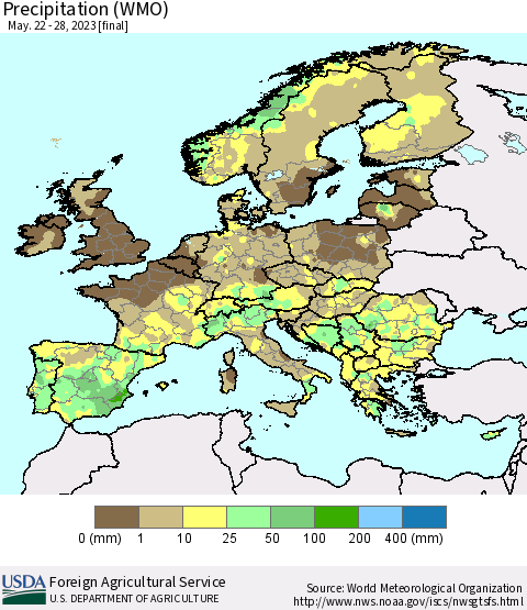 Europe Precipitation (WMO) Thematic Map For 5/22/2023 - 5/28/2023