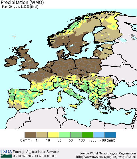 Europe Precipitation (WMO) Thematic Map For 5/29/2023 - 6/4/2023