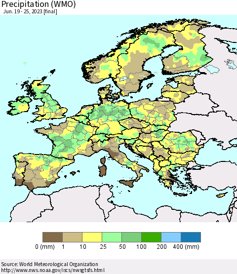 Europe Precipitation (WMO) Thematic Map For 6/19/2023 - 6/25/2023