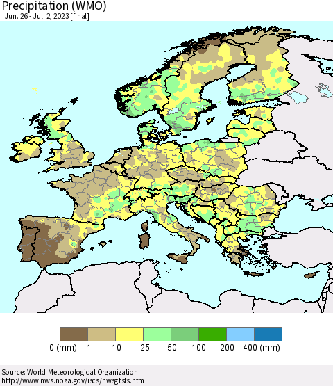 Europe Precipitation (WMO) Thematic Map For 6/26/2023 - 7/2/2023