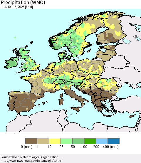 Europe Precipitation (WMO) Thematic Map For 7/10/2023 - 7/16/2023