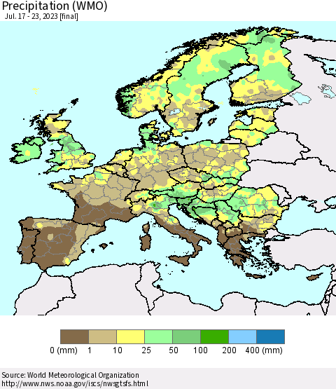 Europe Precipitation (WMO) Thematic Map For 7/17/2023 - 7/23/2023