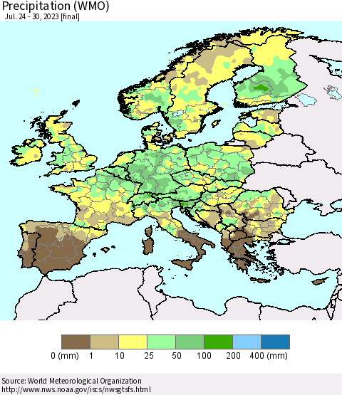 Europe Precipitation (WMO) Thematic Map For 7/24/2023 - 7/30/2023