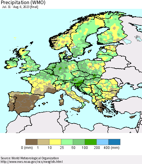 Europe Precipitation (WMO) Thematic Map For 7/31/2023 - 8/6/2023
