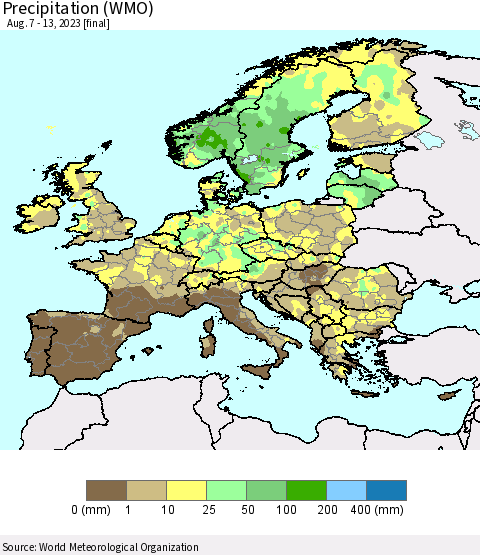 Europe Precipitation (WMO) Thematic Map For 8/7/2023 - 8/13/2023