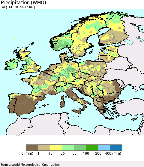 Europe Precipitation (WMO) Thematic Map For 8/14/2023 - 8/20/2023