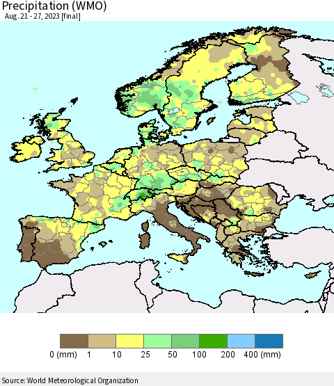 Europe Precipitation (WMO) Thematic Map For 8/21/2023 - 8/27/2023