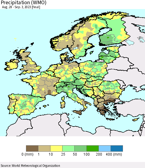 Europe Precipitation (WMO) Thematic Map For 8/28/2023 - 9/3/2023