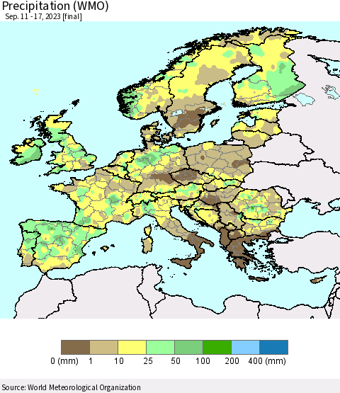 Europe Precipitation (WMO) Thematic Map For 9/11/2023 - 9/17/2023
