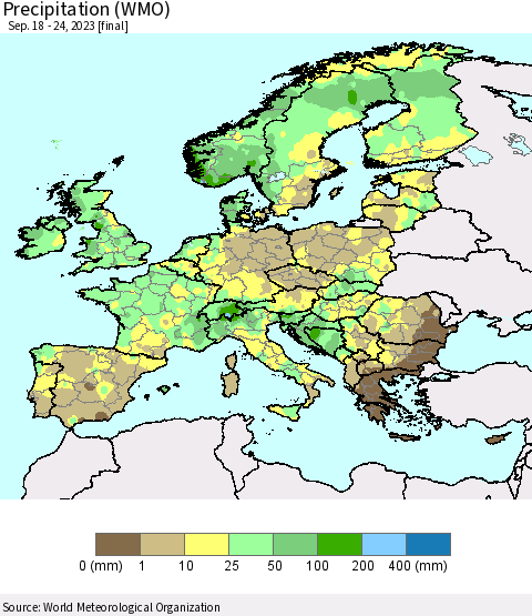 Europe Precipitation (WMO) Thematic Map For 9/18/2023 - 9/24/2023