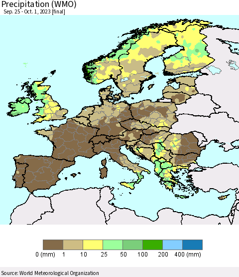 Europe Precipitation (WMO) Thematic Map For 9/25/2023 - 10/1/2023