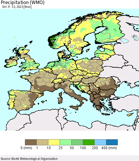 Europe Precipitation (WMO) Thematic Map For 10/9/2023 - 10/15/2023