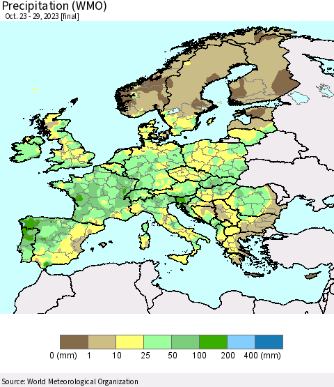Europe Precipitation (WMO) Thematic Map For 10/23/2023 - 10/29/2023