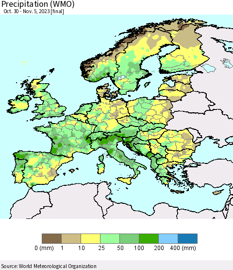 Europe Precipitation (WMO) Thematic Map For 10/30/2023 - 11/5/2023
