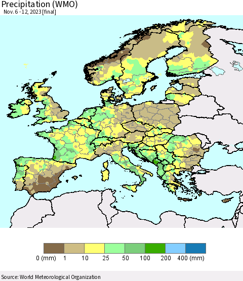 Europe Precipitation (WMO) Thematic Map For 11/6/2023 - 11/12/2023