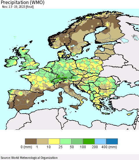 Europe Precipitation (WMO) Thematic Map For 11/13/2023 - 11/19/2023