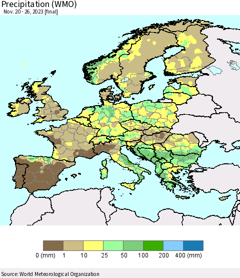 Europe Precipitation (WMO) Thematic Map For 11/20/2023 - 11/26/2023