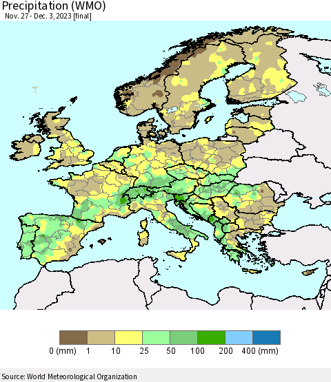 Europe Precipitation (WMO) Thematic Map For 11/27/2023 - 12/3/2023