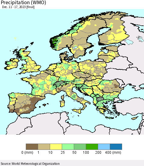 Europe Precipitation (WMO) Thematic Map For 12/11/2023 - 12/17/2023