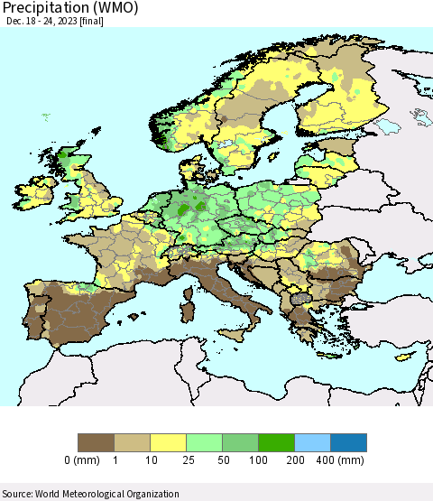 Europe Precipitation (WMO) Thematic Map For 12/18/2023 - 12/24/2023