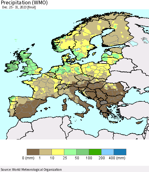 Europe Precipitation (WMO) Thematic Map For 12/25/2023 - 12/31/2023