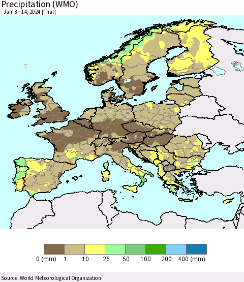 Europe Precipitation (WMO) Thematic Map For 1/8/2024 - 1/14/2024