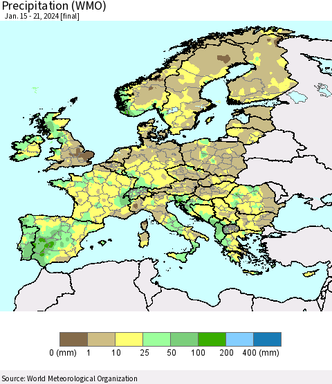 Europe Precipitation (WMO) Thematic Map For 1/15/2024 - 1/21/2024