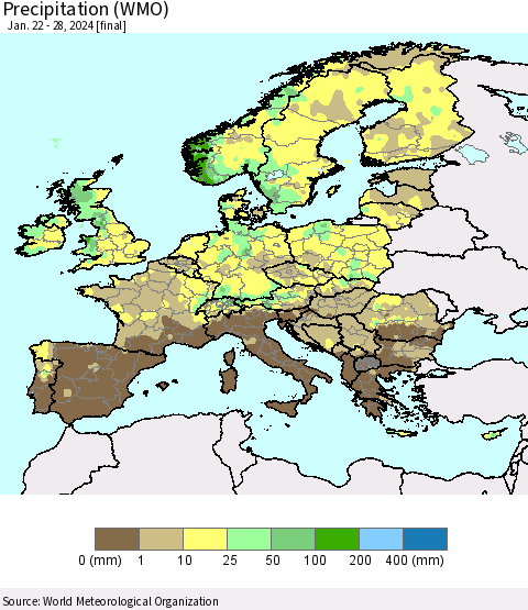 Europe Precipitation (WMO) Thematic Map For 1/22/2024 - 1/28/2024